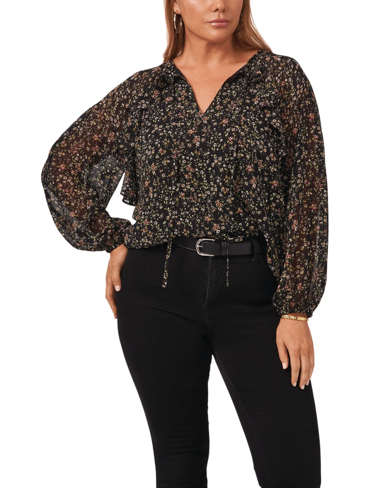 Front of a model wearing a size 0X Alicia Tie Neck Top in PETITE FLEUR by 1.State. | dia_product_style_image_id:262367